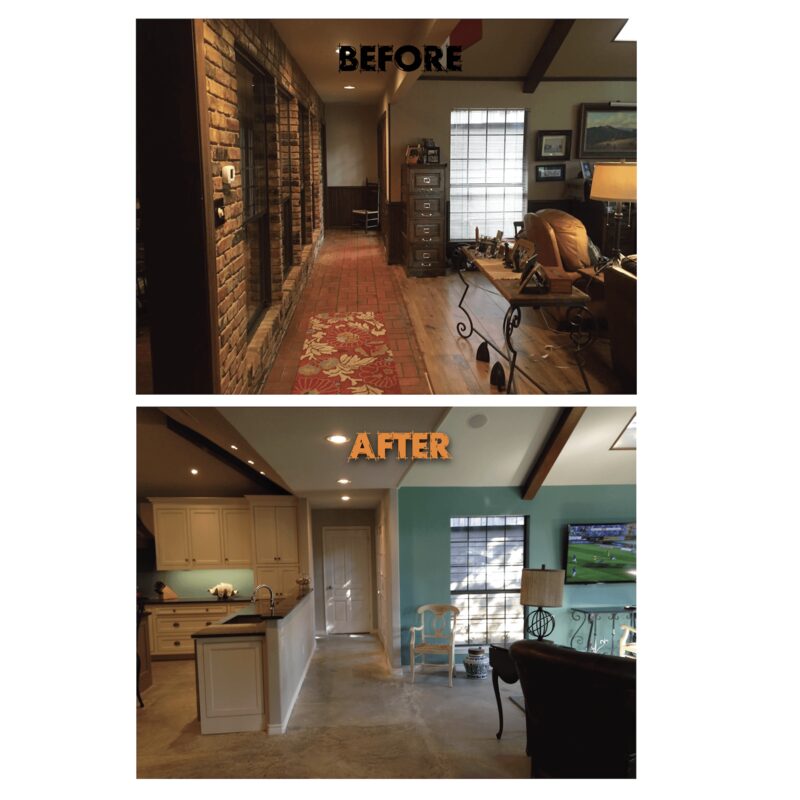 Before and after kitchen wall removal opening to living room in DFW home