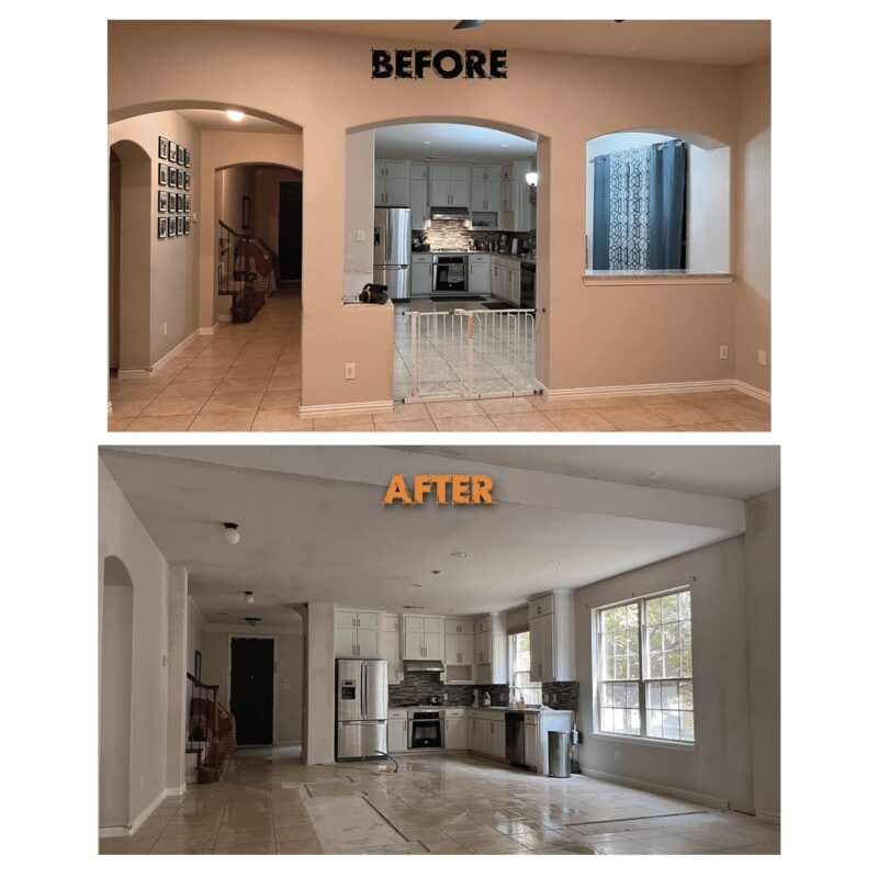 Before and after load bearing wall removed — expanded living space in DFW home