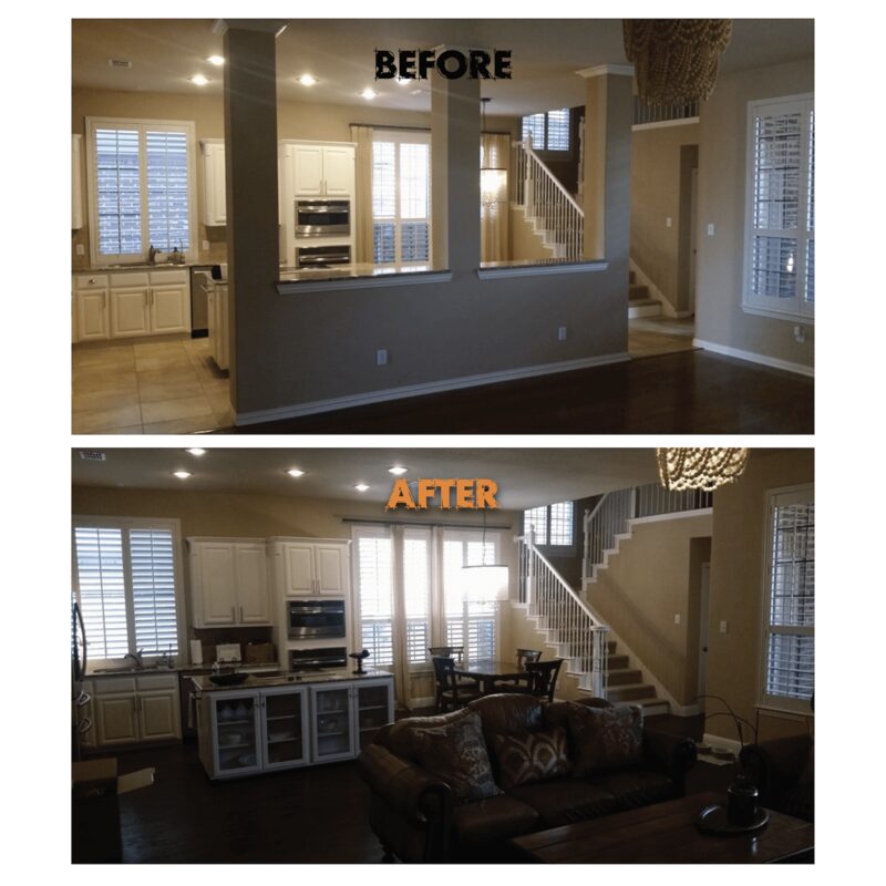 Before and after load bearing wall removal — open floor plan transformation in Texas