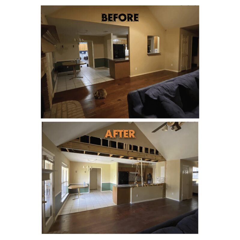 Before and after structural wall removal revealing open floor plan in Texas